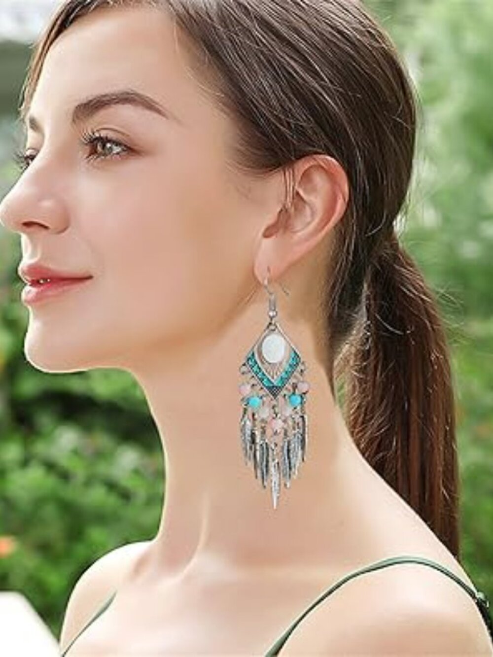 NEW Turquoise Dream Catcher Feather Earrings Bohemian Western Boho Trendy - Picture 4 of 4
